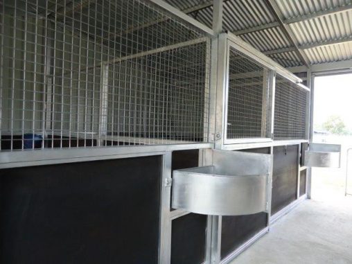 Extra large steel swing out feed bins, able to take hard feed and hay