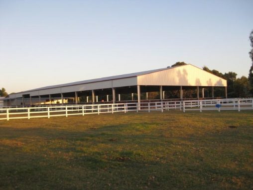 1E-Property Indoor Arena, retic paddocks and white post and rail fencing